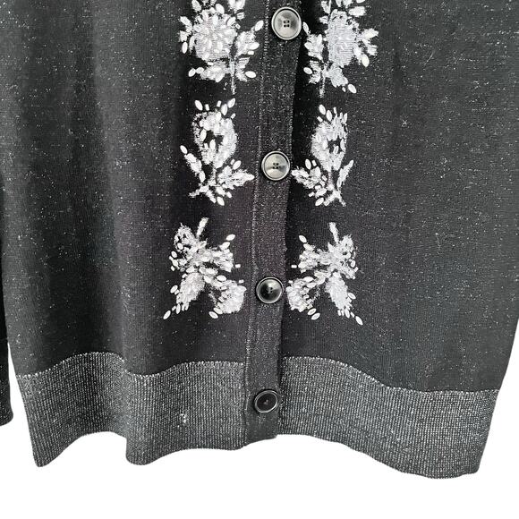 Diane von Furstenberg Black Merino Wool Floral V-Neck Button Cardigan Sweater M - Picture 3 of 10